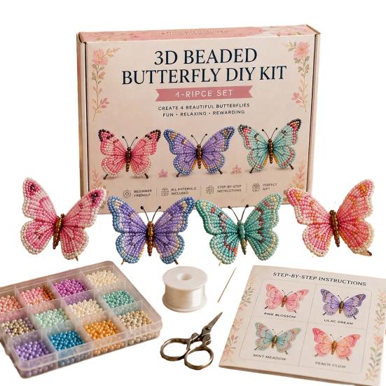 3D Beaded Butterfly Craft Kit, Tiny Beaded Animal DIY Handmade Art Set with Instruction, Cute 4-Pack Butterflies Beadwork Kit B