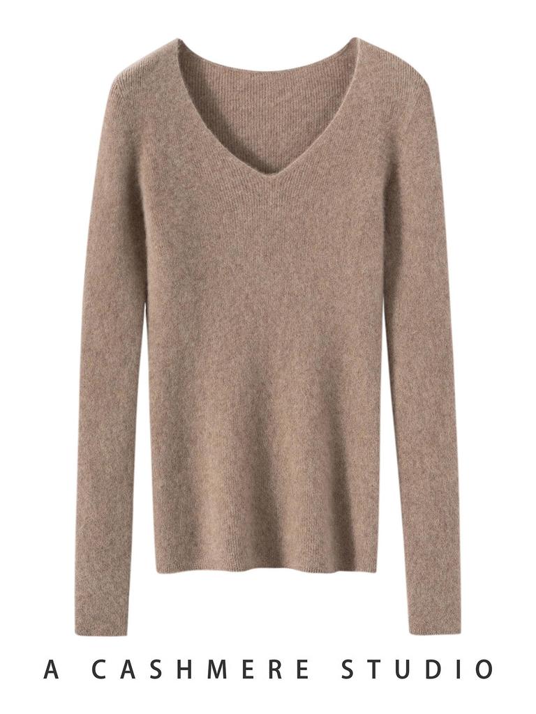 Women's 100% Pure Cashmere V-neck Seamless Ribbed Slim-fit Sweater
