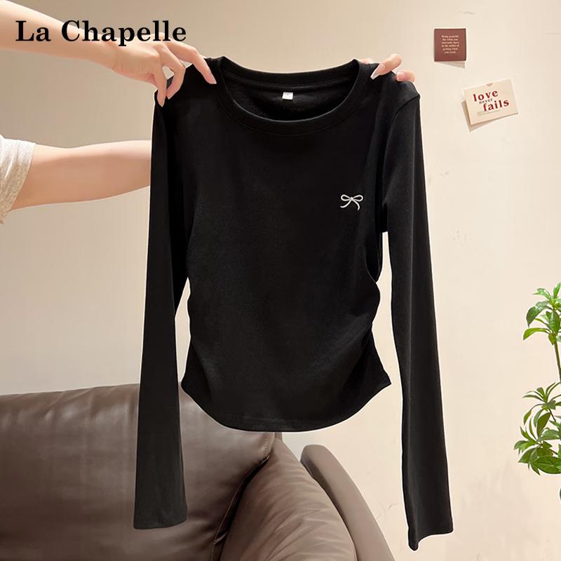La Chapelle 2025 Autumn Butterfly Embroidered Ruched Long Sleeve Slim-Fit T-Shirt S