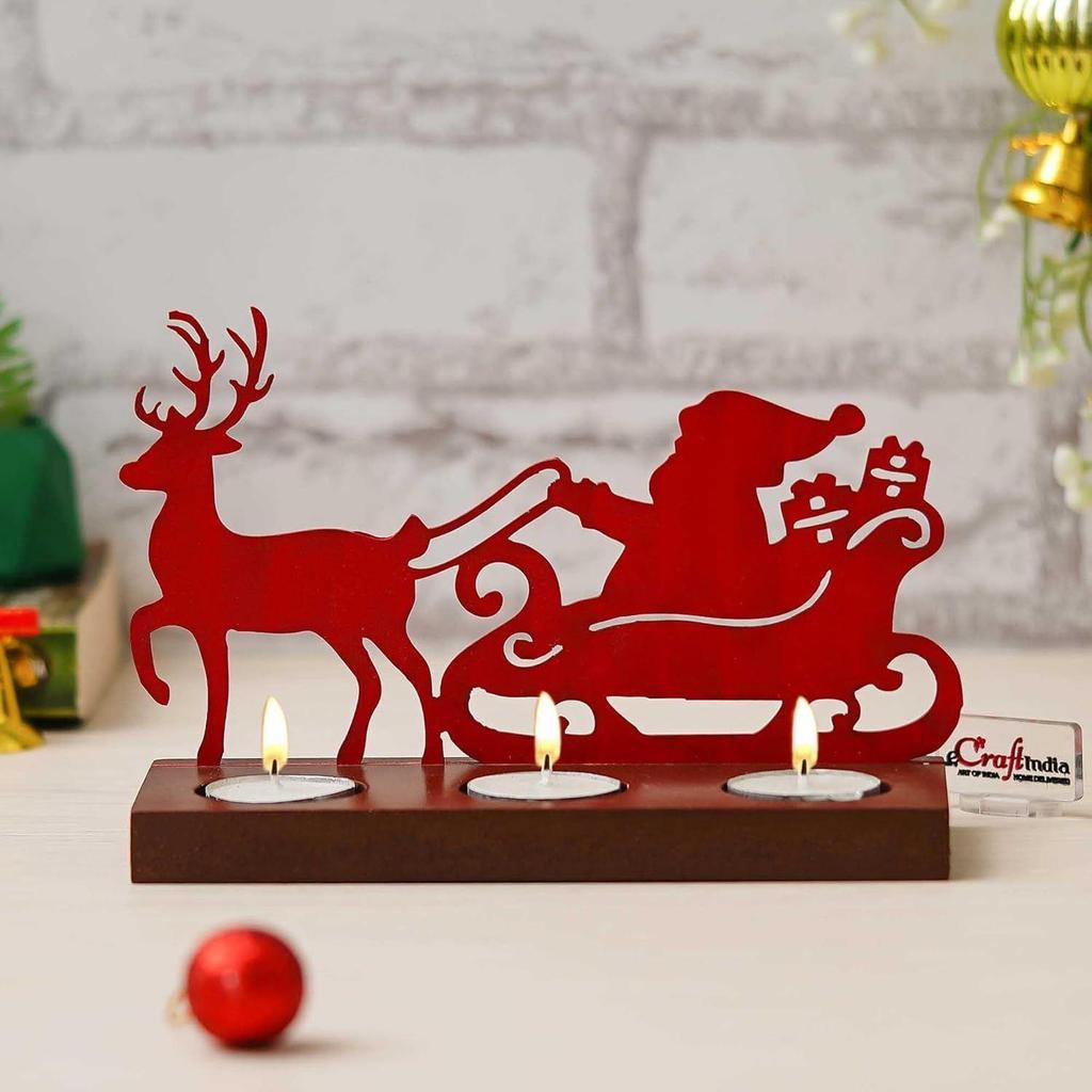 Santa Clause with Reindeer Sleigh Showpiece Decorative Tea Light Candle Holders(Wooden, Red)| Christmas Decoration Items