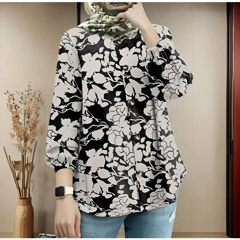 YYFS Women's Fashion Casual Spring Autumn Flower Pattern Print Long Sleeve O-Neck Blouses & Shirts