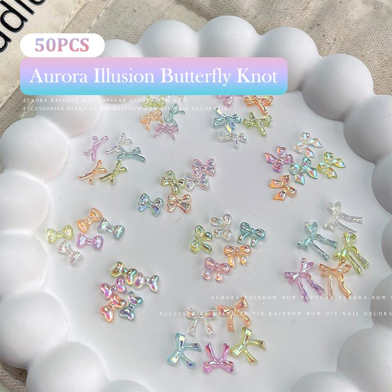 50Pcs Colorful Bow Nail Art Accessory Illusionary Ab Color Resin Ribbon Bows Manicures Decoration Charm