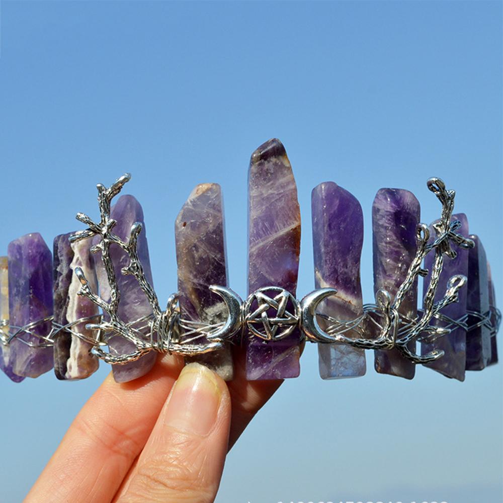 

Высококачественная корона ведьмы серебряного цвета, луна, звезда, аксессуары для волос, ручная работа, повязка на голову, тиара с кристаллами кварца, ювелирные изделия, подарки