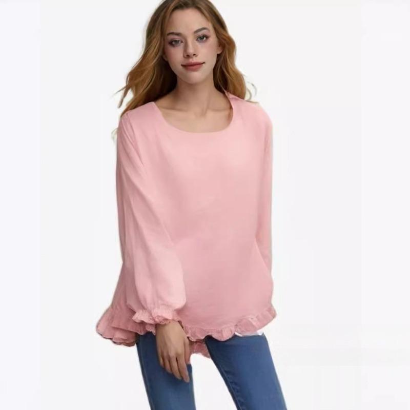 Women's Cotton and Linen T-shirt Loose Ruffled Sleeves Round Neck Long-sleeved Shirt