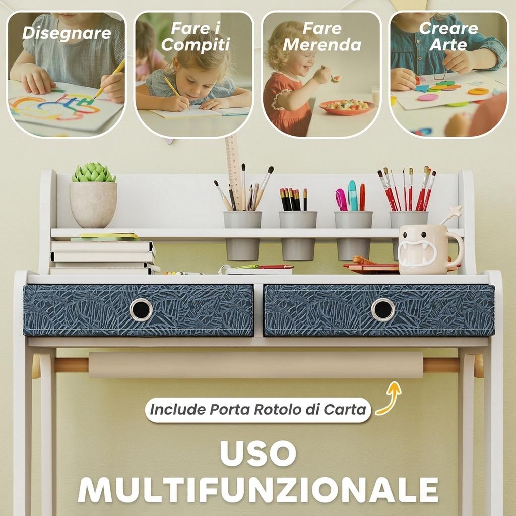 Kids' Desk and Chair Set with Shelf, Cup Holder, Drawers, Wooden for Boys and Girls Bedroom