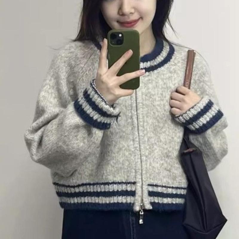 Women's Short Loose Crew Neck Cardigan Sweater Autumn & Winter Versatile Lazy Knit Stripe Zipper Jacket Top