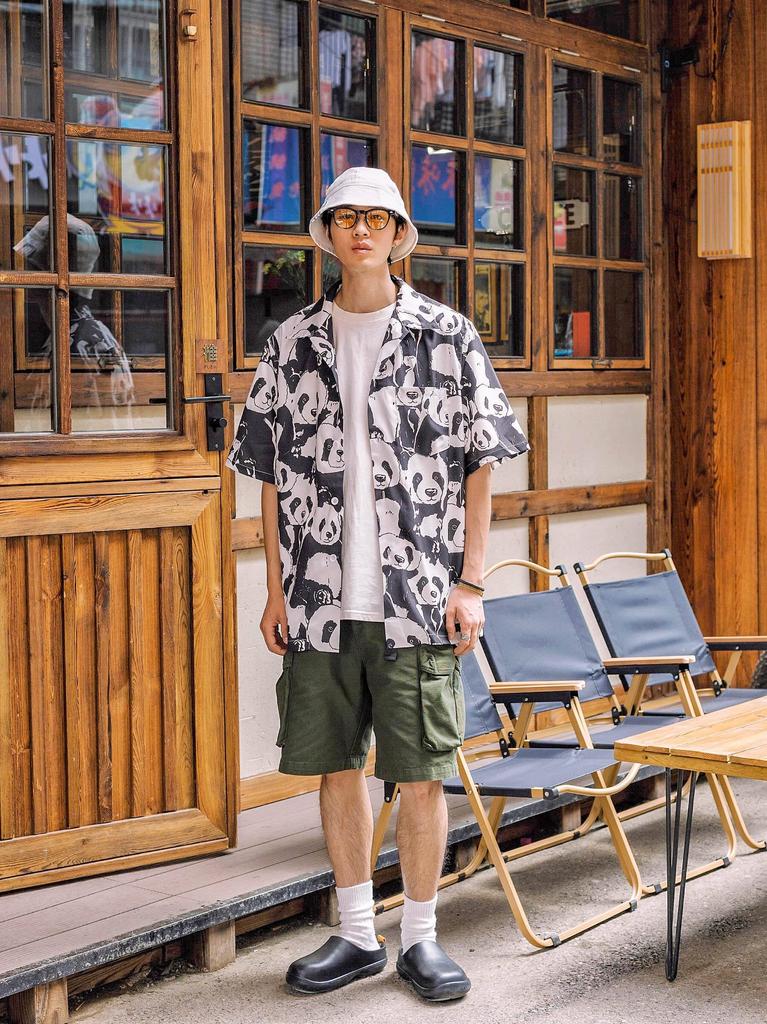 CHANGE WELL 2023SS Fashion Summer Panda Print Print Casual Short Sleeve Aloha Shirt Men's Open-Collar All-Over Loose-Fit (White, XL)