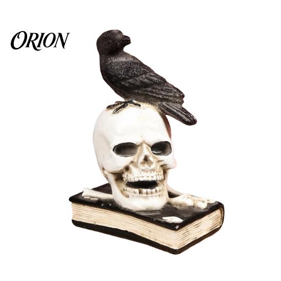 Easter Spooky Decoration Mystical Raven on Skull Statue, Gothic Crow Perching Figurine Mysterious Book Shelf with Book, Halloween Resin Sculpture for