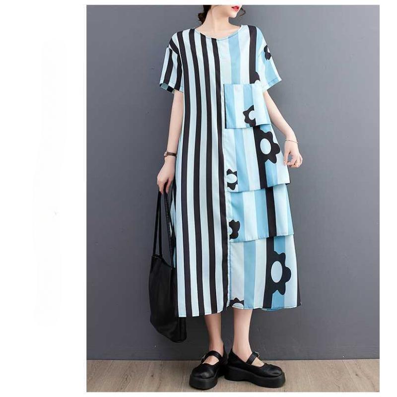 Robe Patchwork en Mousseline Rayée pour Femme, Ample, Décontractée, Jupe Mi-longue Tendance