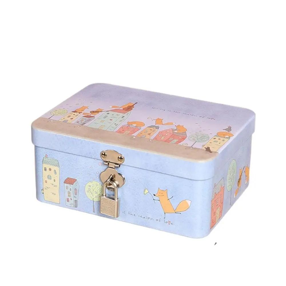 Hochwertige Vintage Blechdose mit großem Fassungsvermögen, mit Schloss und Schlüssel, Desktop-Aufbewahrungskoffer, Haushalts-Schmuckaufbewahrung, leere Metalldose