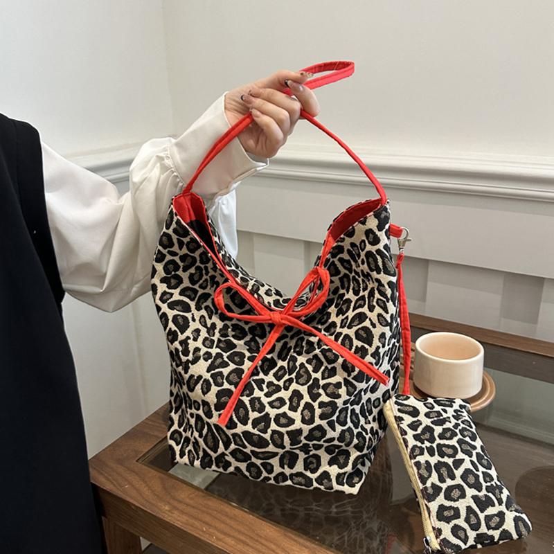 Korean Double Sided Leopard Print Bucket Shoulder Bag , Stylish Leopard Print Handbag for Women, Fashion Bow Large Capacity Crossbody Bag