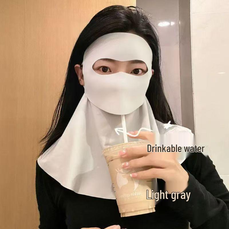 Drinkable Facekini Sun Protection Mask - Full Coverage Anti-UV Face & Neck Guard One Size светло-серый