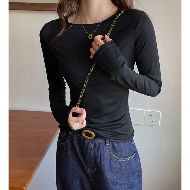 

Women s Gray Round Neck Long Sleeve Base Layer Top - Slim Fit, High-End Feel, Ideal for Autumn and Winter. S