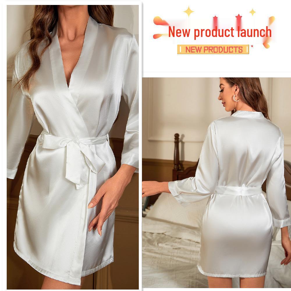 Mid-Sleeve Imitation Silk Women's Tassel Belted Bathrobe Summer Cardigan Pajamas