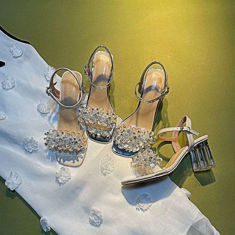 2025 Super Fire Sandals Fashion Rhinestone Word with Silver Thick Heel Square Head Crystal High Heels Women's Summer Skirt