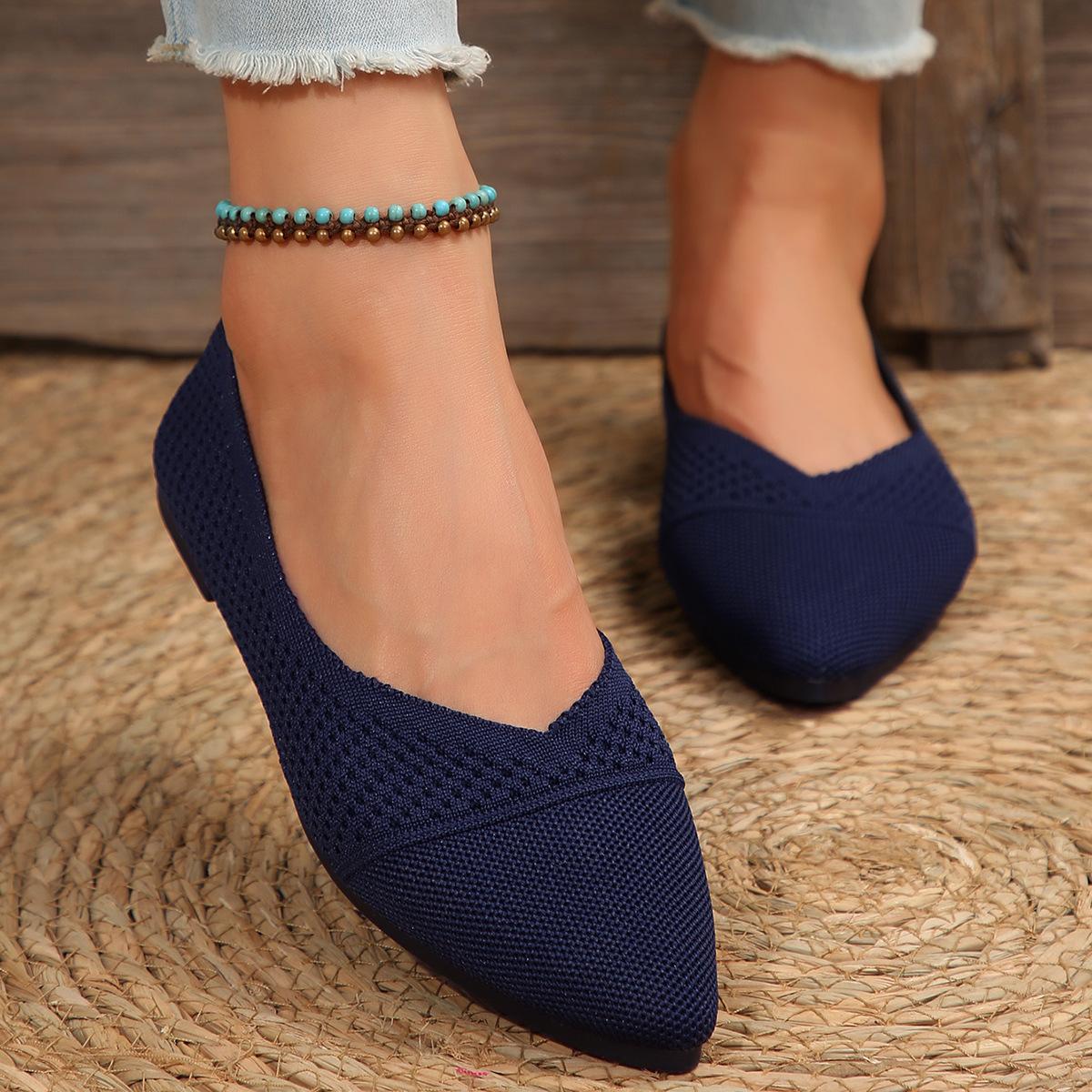 Летающая вязка Однотонные Повседневные Одинарные Туфли Новые На Плоской Подошве С Мелким Вырезом Мягкая Подошва Туфли Лефу Дышащая Сетка Балетки 42 1518₽