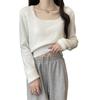 White knitted sweater women's autumn inner square collar short new design T-shirt