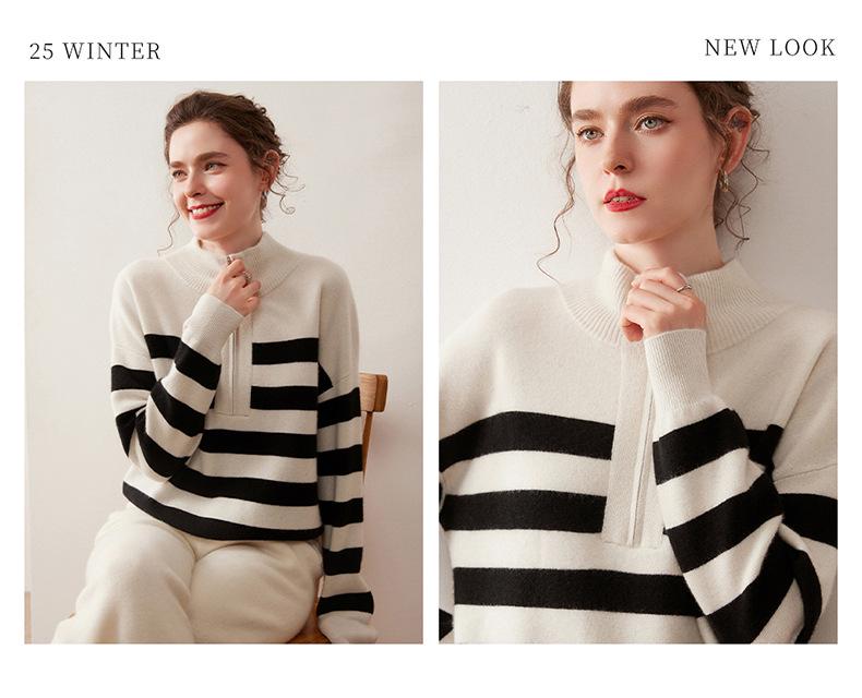 Women's Striped High-Neck Cashmere Half-Zip Sweater