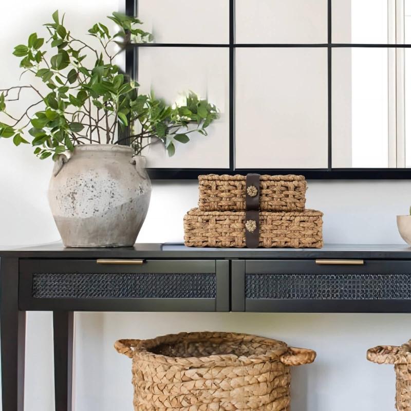 Natural Fiber Storage Box With Cover Permanent Interlaced Design For Home Organization And Display