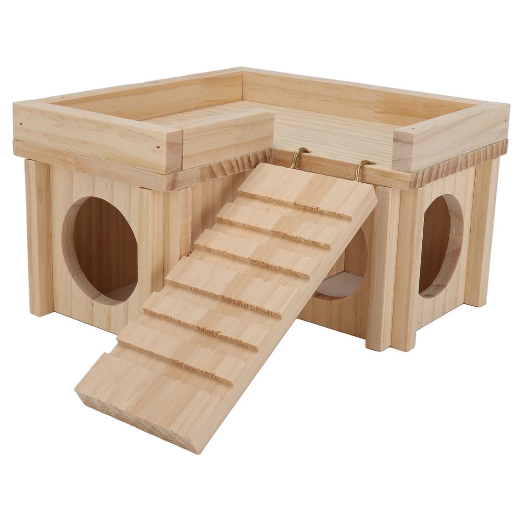 Hamster House Multi Rooms Wooden Hideout Tunnel Toy Small Pet Hut with Ladder for Golden Bear