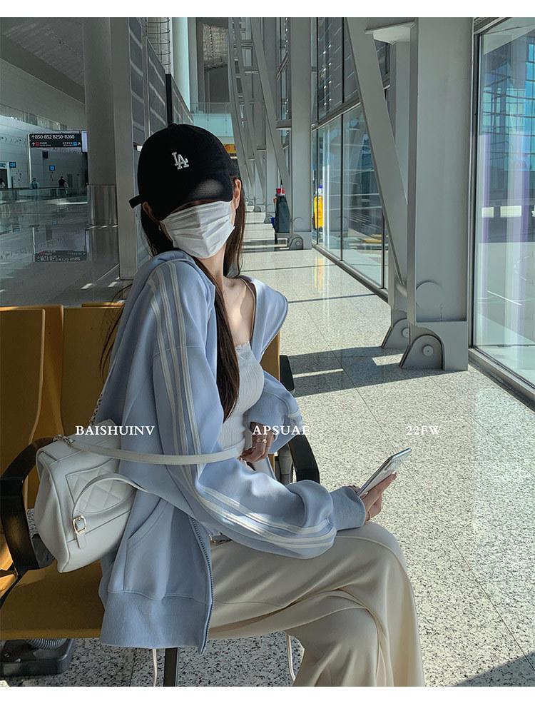 Cárdigan Sudadera Oversize Azul para Mujer, Estilo Coreano 2025, Diseño de Hombro Recto, Corte Holgado, Perfecto para Primavera y Otoño.