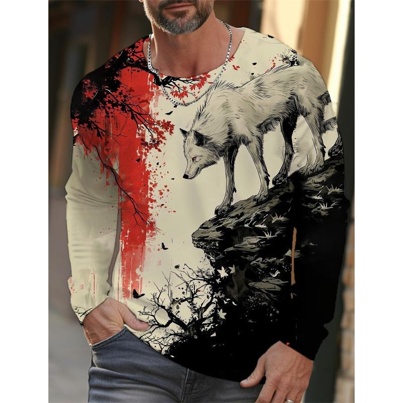 Men's Ukiyoe Long-sleeved T-shirt 3d Printed High-definition Wolf Print Men's Autumn Top Casual Round Neck T-shirt