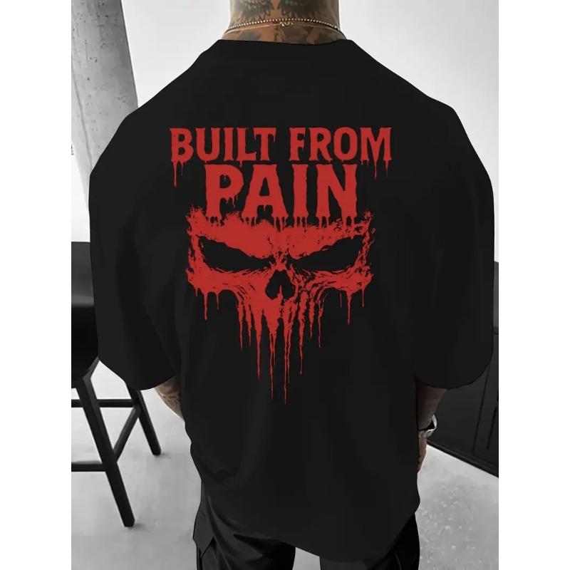 

European Size Men S Large Size Pure T-Shirt with Skull & Graphic Print - Moisture-Wicking Breathable Streetwear, Loose Fit Round Neck Short Sleeve S чорний