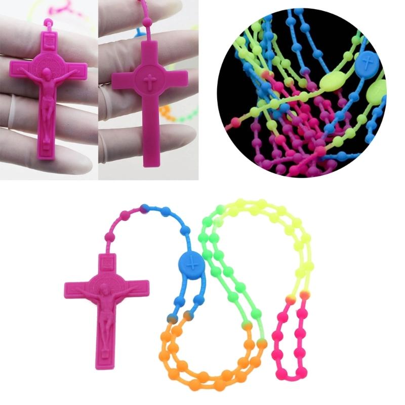 Fashion Rosary Beads Cross Pendant Necklace Women Link Chain Plastic Material Necklace Girl Religious Jewelry Party Gift