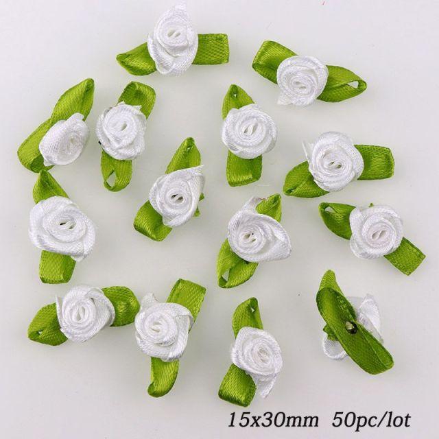 50/100pcs Artificial Fabric Flower and Green Leaf Color Mix Small Ribbon Rose Decoration for Crafts DIY Sewing Decoration