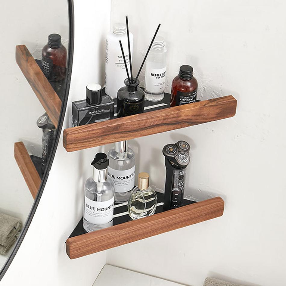 Raft Triunghiular Baie Lemn Aluminiu Negru Toaletă Bucătărie Baie Duș Șampon Săpun Suport Depozitare Raft Colț Organizator de Perete