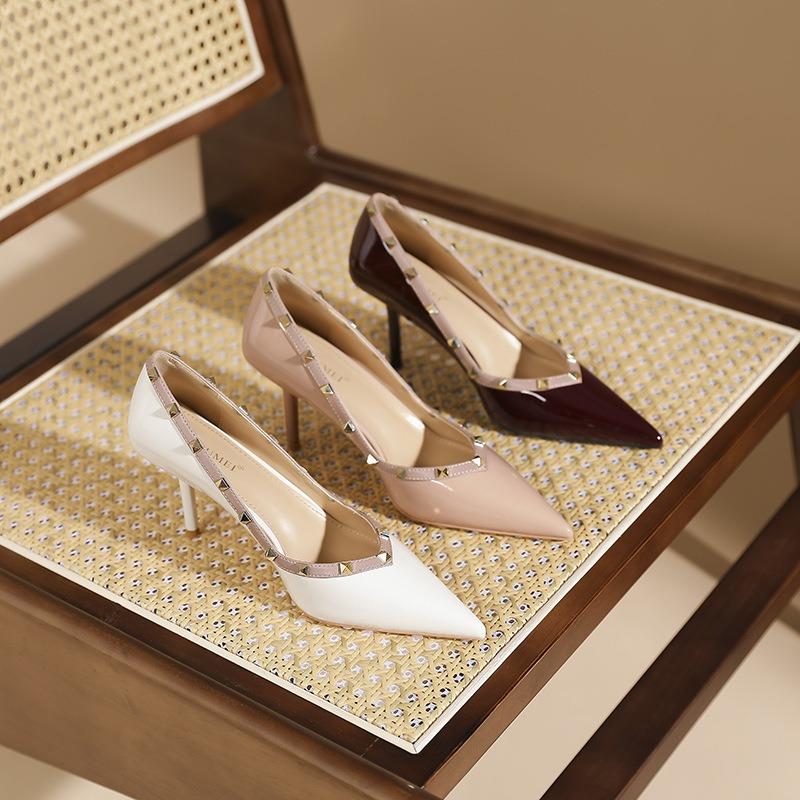 8-7 Sexy Pointed Thin Heel Rivet High Heels Women's Professional Commuting Temperament Work Shoes Women's Not Tired Feet Single Shoes
