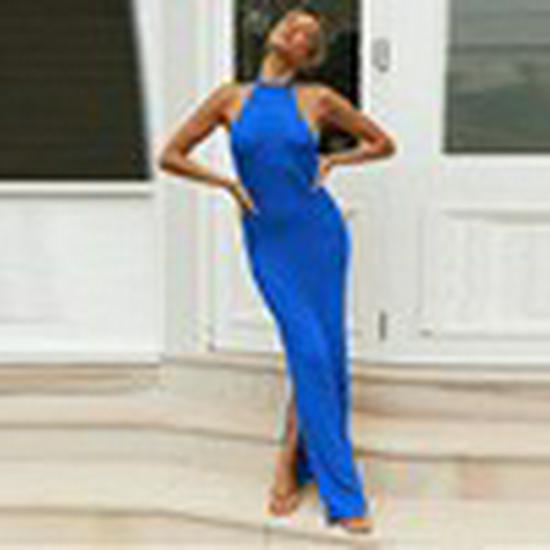 

Европейское и американское женское трикотажное платье макси без рукавов с разрезом - Сексуальный дизайн с открытой спиной Large синий