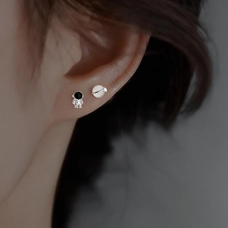 S925 Silver Asymmetric Cute Space Astronaut Planet Opal Stud Earrings For Women Silver Color Lovely Simple Ear Piercing Jewelry