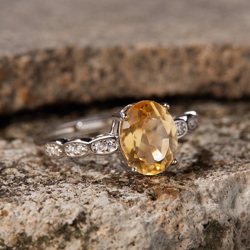 Xiaohongshu S925 Sterling Silver Inlaid Natural Topaz Citrine Ring Women'S Fashion Treasure Earrings