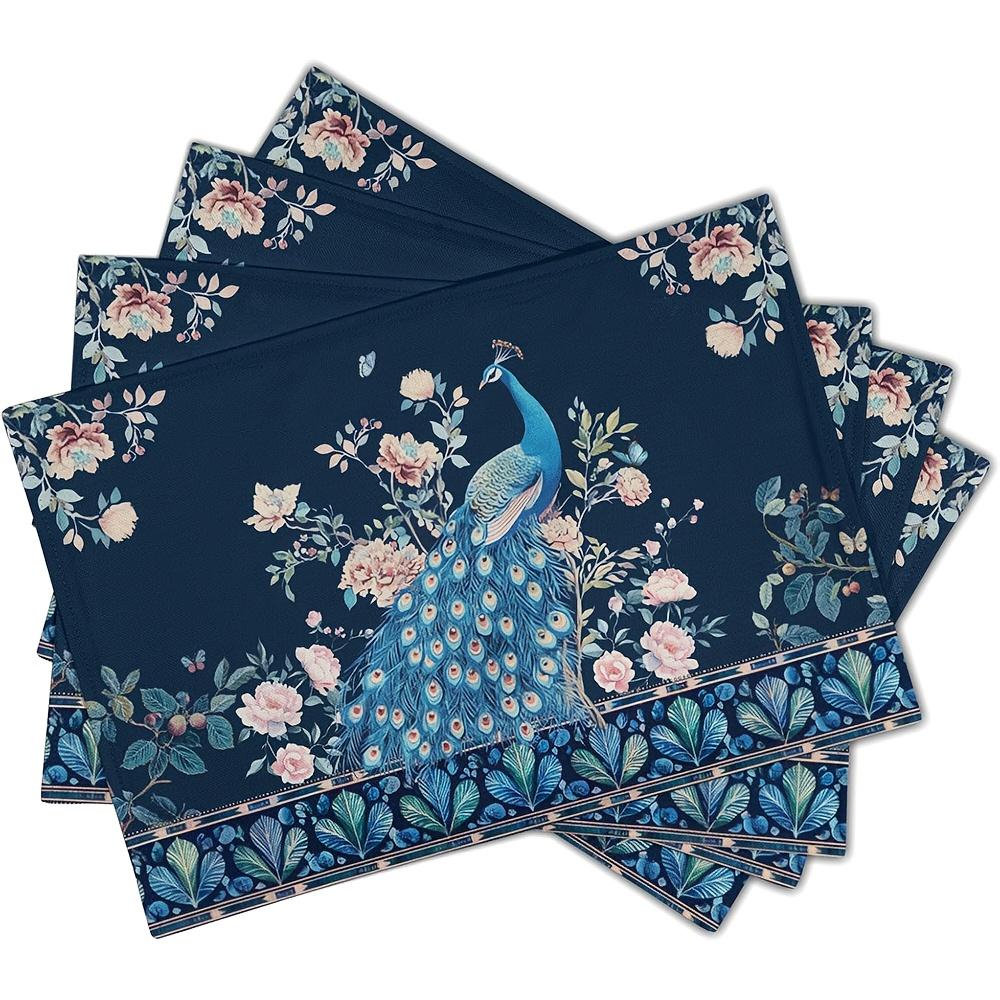 PeaRooster Floral Placemats Set of 4 Navy Blue Feather Decor Table Mats Washable Place Mats Heat Resistant for Holiday Party