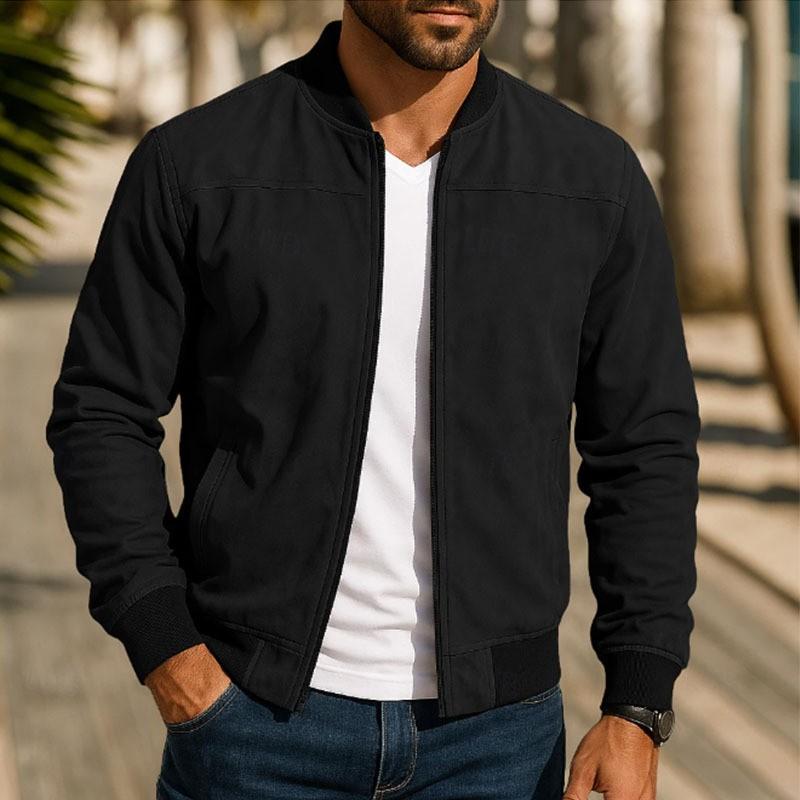 Mens Suede Jacket Stand Collar Zip-up Business Casual Solid Color Slim Fit
