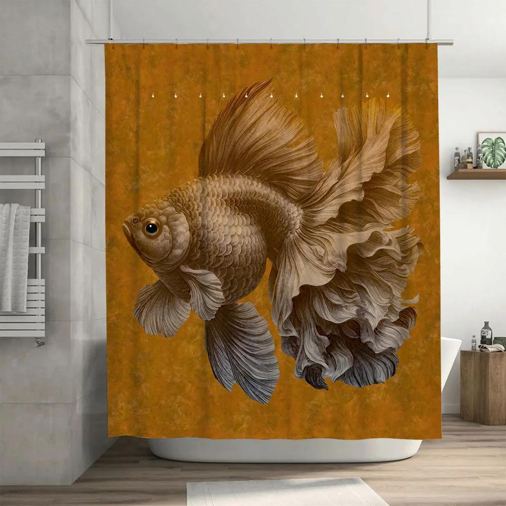 Gold Fish Shower Curtain Bathroom Decor, Luxurious Vintage Style Wall Hanging For Home Decoration, Orange Color