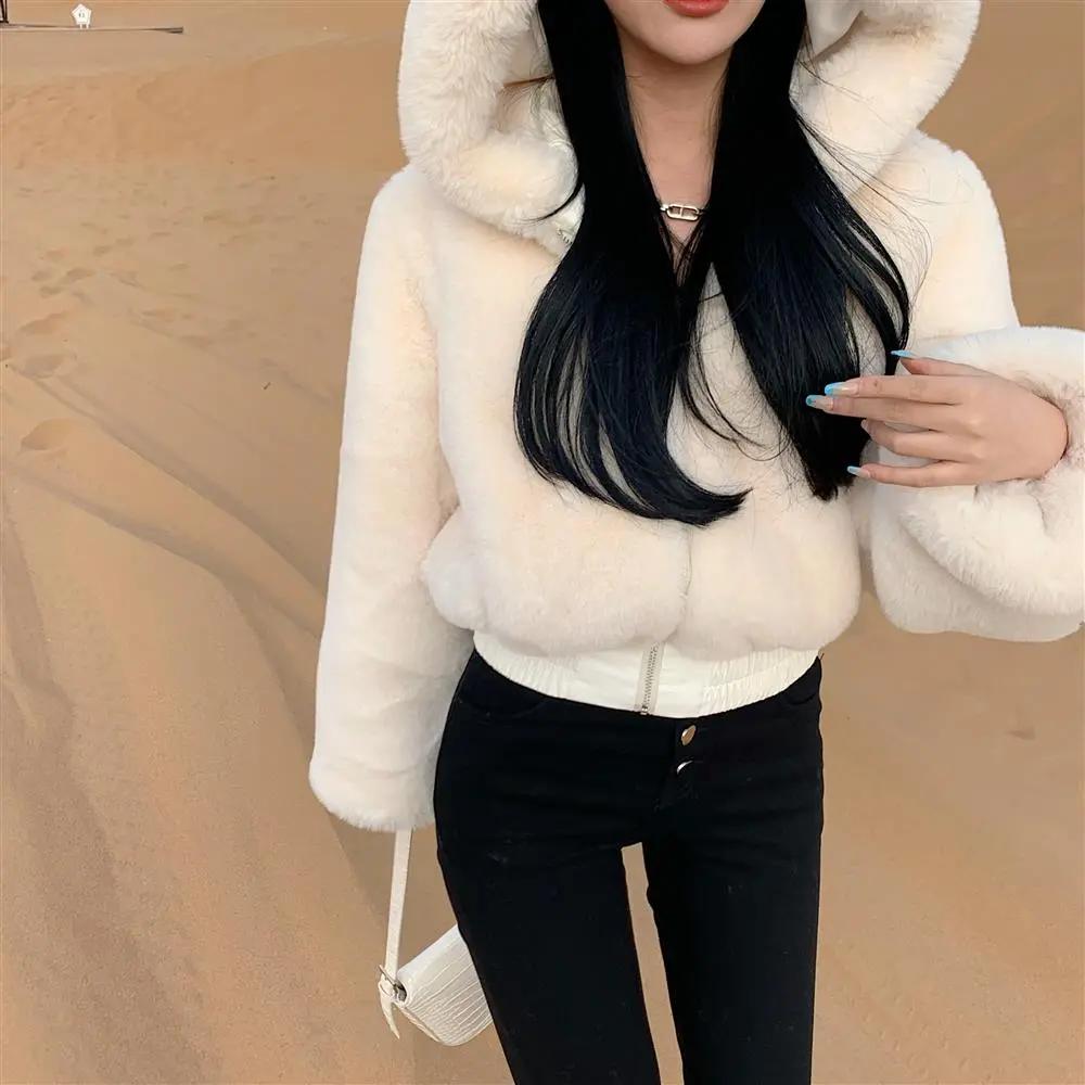Furry Cropped Faux Fur Coats and Jackets Women Fluffy Top Coat with Hooded Winter Fur Short  Jacket