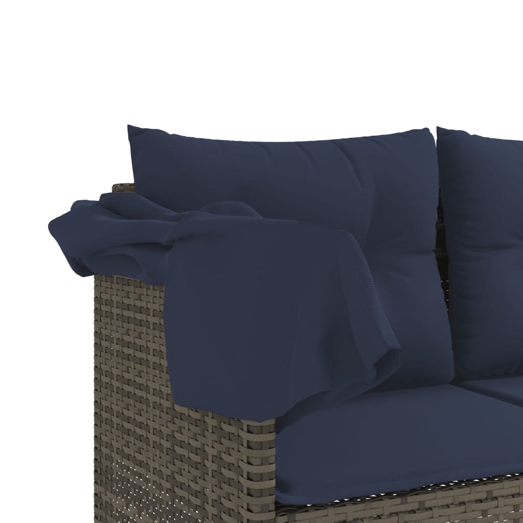 Sun Lounger with Canopy and Cushions Grey Poly Rattan