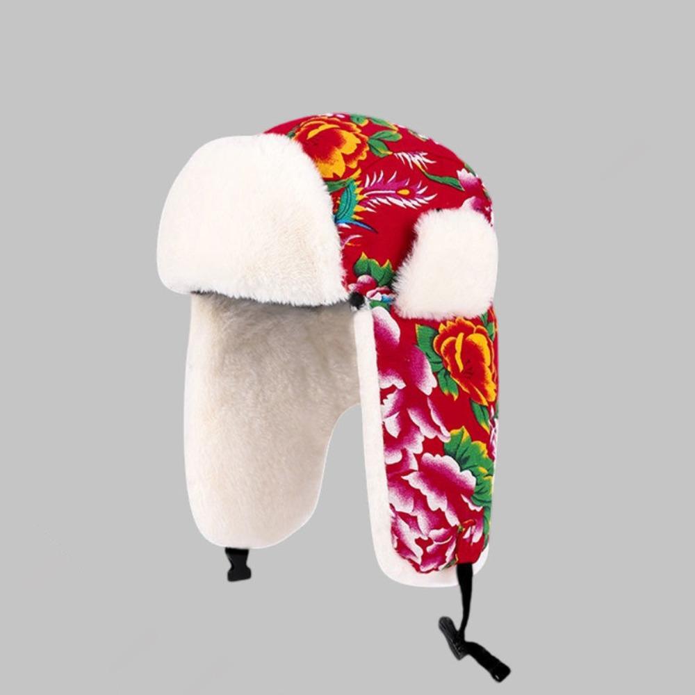 

Flower Cloth Ear Protection Hat Retro Ethnic Style Plush Hood Cap Fashion Lei Feng Hat For Women червоний