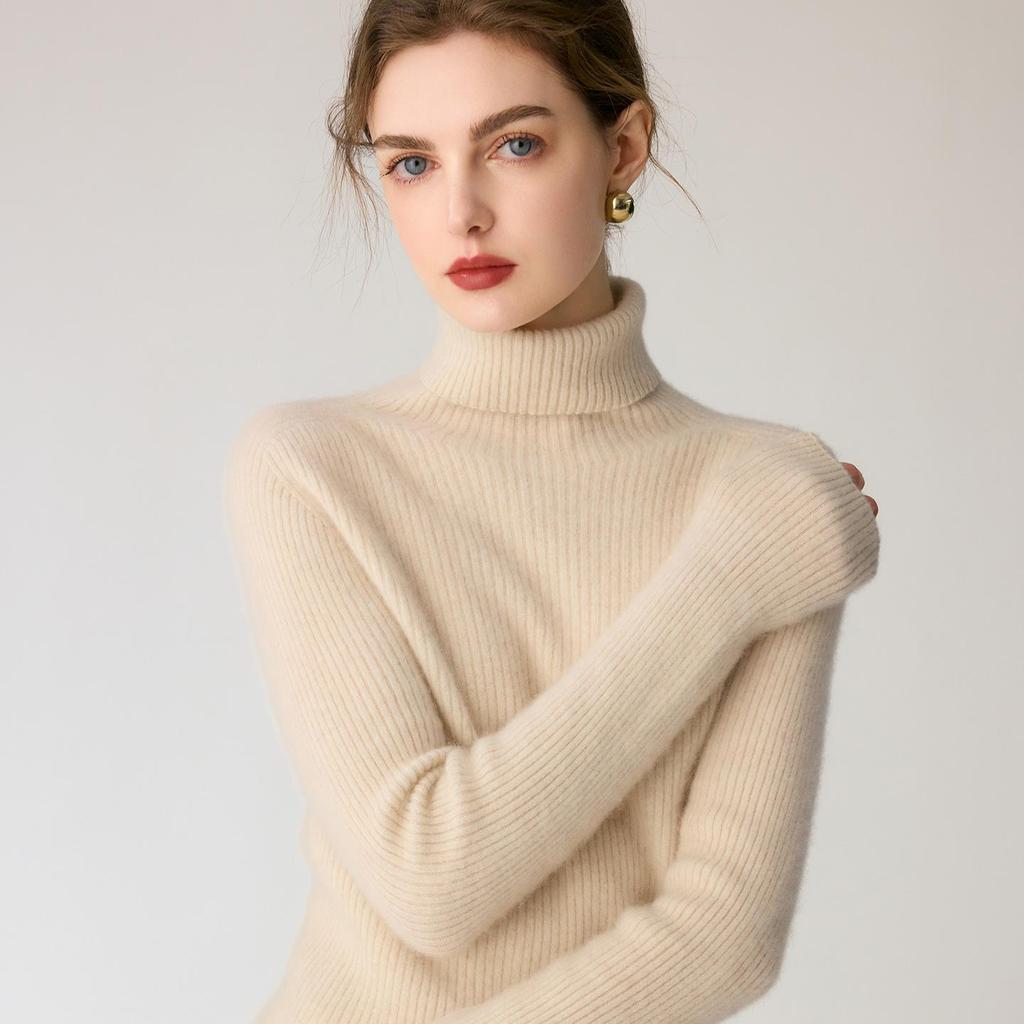 Women's 100% Pure Cashmere Striped High-Neck Slim Fit Sweater - Warm Knitwear for Autumn/Winter 2026