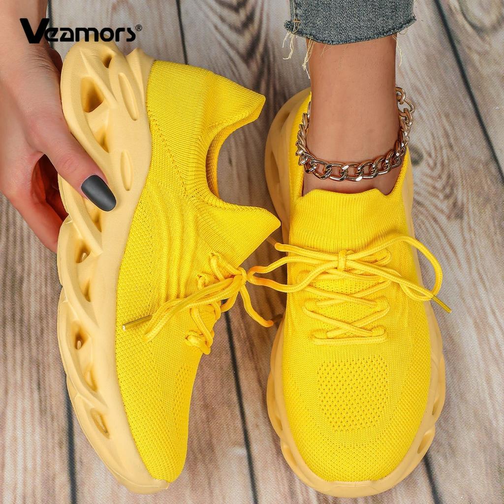 Unisex Chunky Sneakers Breathable Knitted Yellow Platform Running Shoes Lightweight Casual Sports Footwear for Jogging Training