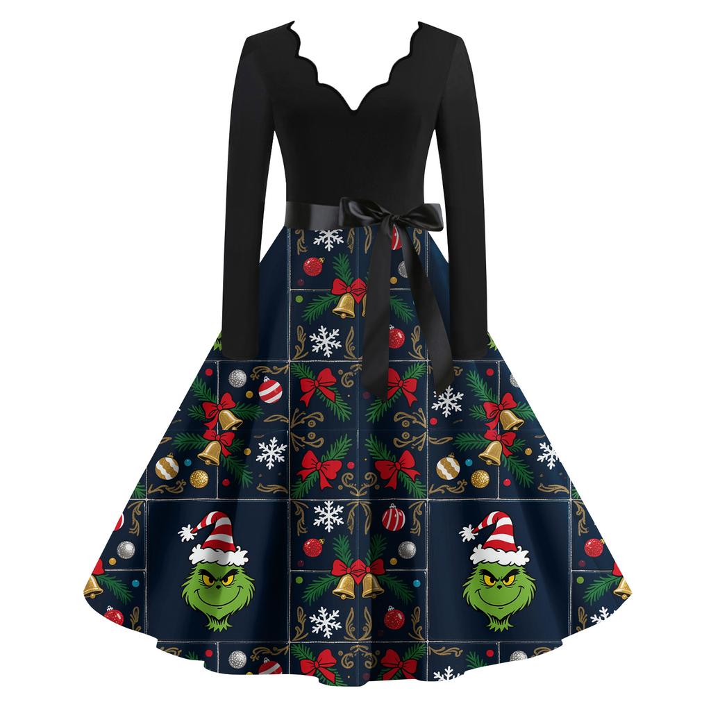 Ladies' Fashionable Retro Long Sleeved Square Neck Christmas Printed Evening Dress Dress