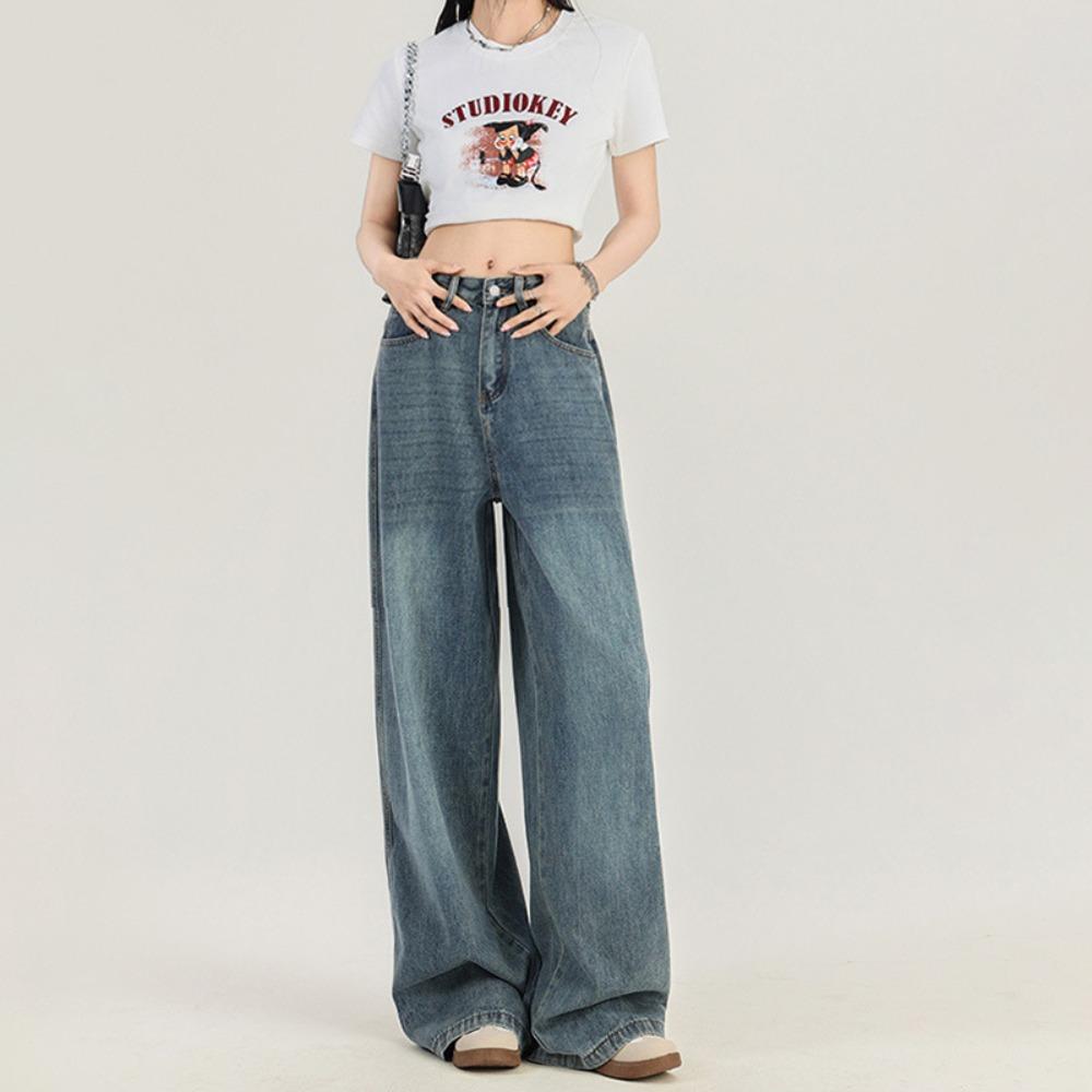 

Retro high waist wide leg versatile jeans women s summer and autumn new drape loose straight mopping pants tide XXL