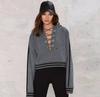 Trendy Long Sleeve Pullover Hoodie With Lace-up Design For Women In Cotton Blend