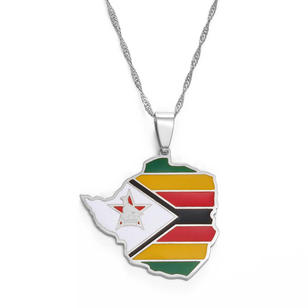 Anniyo Map of Zimbabwe Flag Pendant Necklaces Silver Color/Gold for Women Girls Stainless Steel Zimbabweans Maps Chains #154321 45cm OR 17.7 Inches