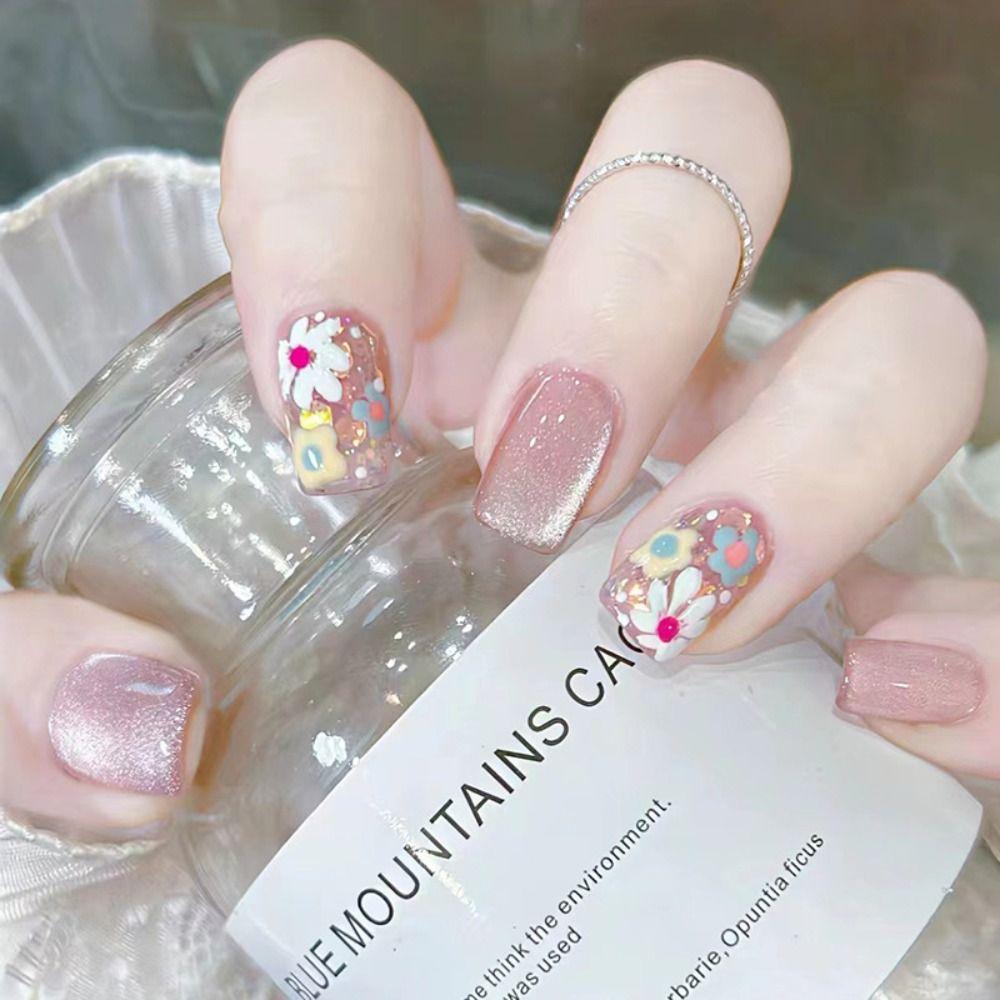 

Длинные Квадратные Накладные Ногти Красочные Цветы Маленькая Собачка Наконечники для Ногтей Модные Накладные Ногти Женщины Девушки MY039