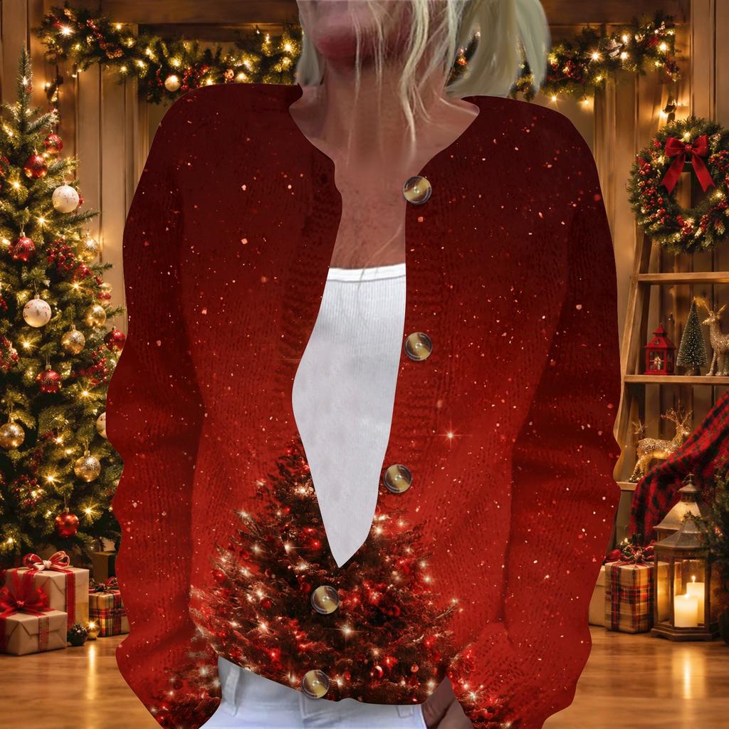 Damen Weihnachtsdruck Langarm Strickjacke Knopfleiste Pullover