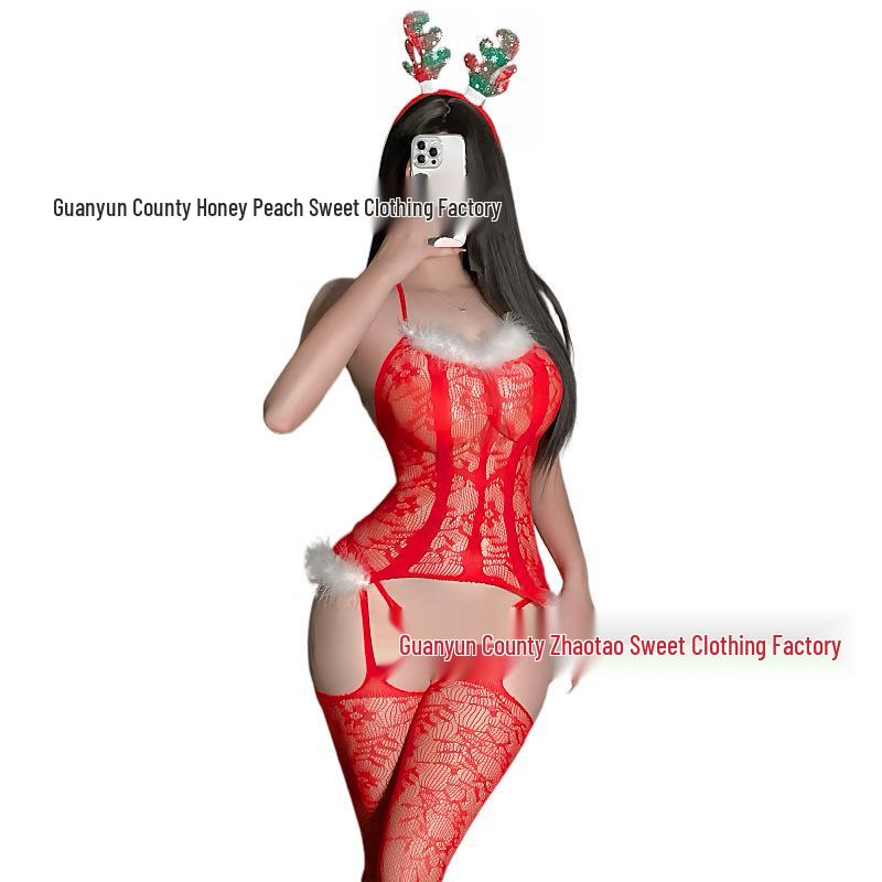 Fluffy Fishnet Suspender Bodystocking: Halter, Open Crotch, Christmas & New Year.