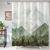 1 pièce Rideau de douche Forêt Aquarelle, Polyester Paysage Arbre Vert Sauge Brumeux Naturel Art Avec Crochets, Lavable en Machine